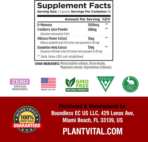 Plantvital D Mannose Capsules 1000mg with Cranberry - High Potency for Bladder, Kidney, Urinary Tract Support, 2 Months