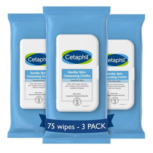 Cetaphil Face and Body Wipes, Gentle Cleansing Cloths, 25 Count (Pack of 3) for Sensitive Skin