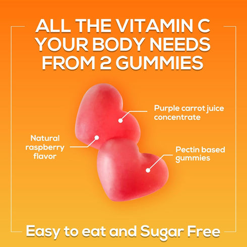 Sugar Free Vitamin C Gummies - 120 Count, Immune Support & Antioxidant Supplement, Vegan, Raspberry Flavor
