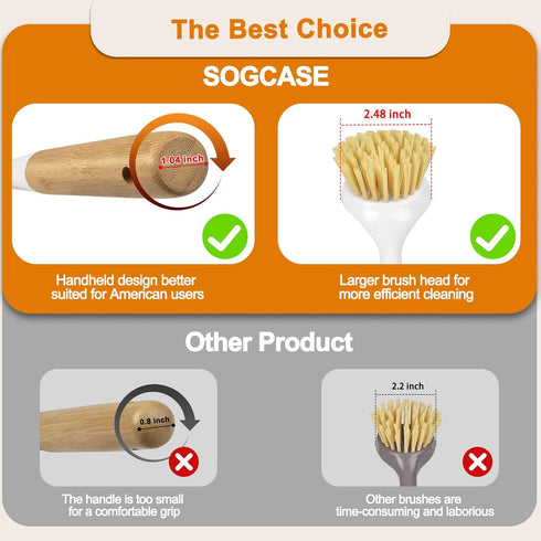 Set 2 Pack Dish Brush with Bamboo Handle, Kitchen Brushes for Cleaning Pot, Sink and Stove, Skillet Scrubber with Tough