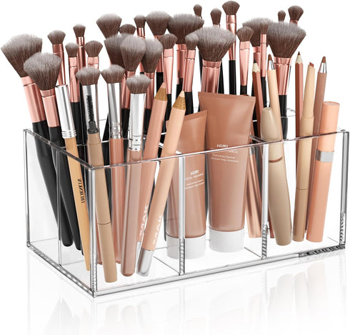 HIIMIEI Clear Acrylic Makeup Brush Holder Organizer - 6-Slots Cosmetic Brushes Storage for Vanity Countertop