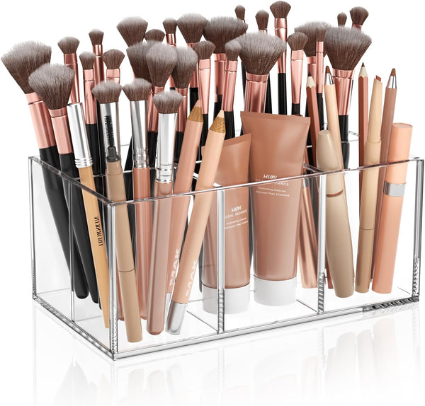 HIIMIEI Clear Acrylic Makeup Brush Holder Organizer - 6-Slots Cosmetic Brushes Storage for Vanity Countertop