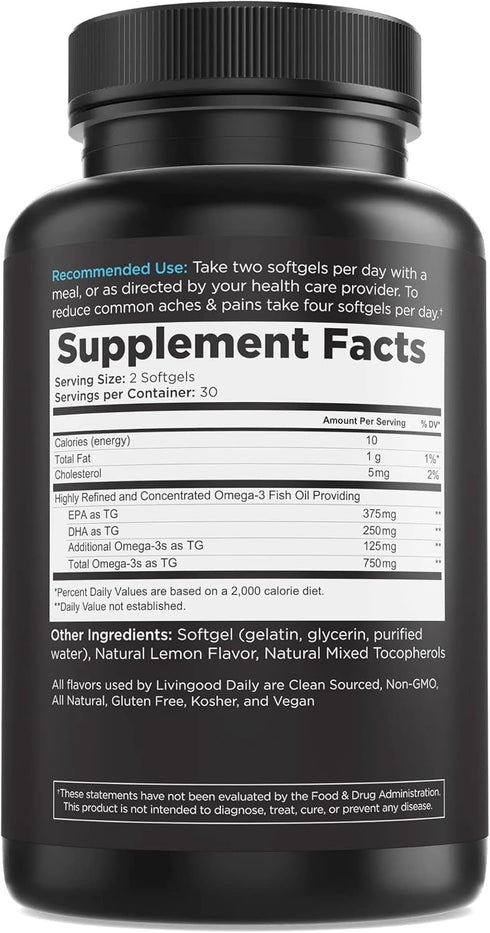 Livingood Daily Fish Oil Supplements with Omega 3 Fatty Acid, 60 Softgels for Heart & Joint Health