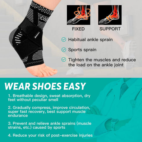 INDEEMAX Ankle Brace for Sprained Ankle, Copper Infused Compression Sleeve for Plantar Fasciitis, Silver Black, L