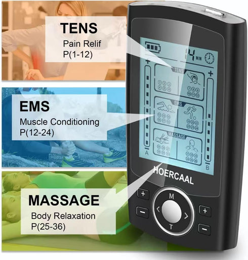 Upgraded 3-in-1 TENS Unit EMS Muscle Stimulator - 36 Modes, Rechargeable Dual Channel for Pain Relief Therapy