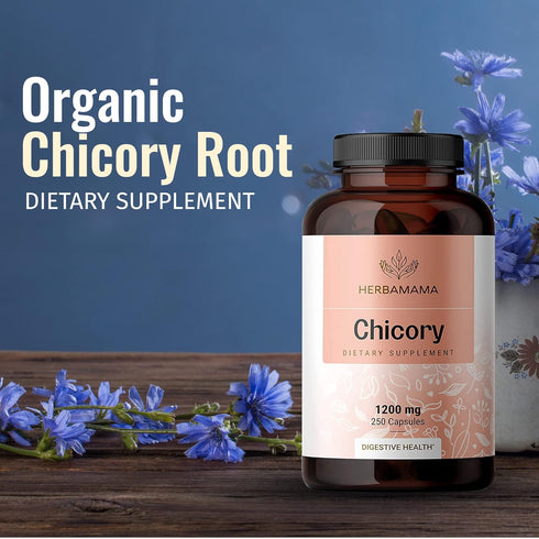 HERBAMAMA Organic Chicory Root Supplement - 250 Capsules for Digestion, Gut Health & Liver Support with Inulin