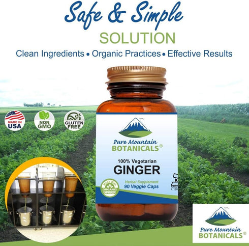 Pure Mountain Botanicals Ginger Capsules, Kosher Vegan, 1000mg Organic Ginger Root