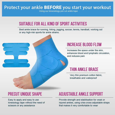 M7 Sport Kinesiology Ankle Tape, 4-Pack, Blue - Pain Relief Therapeutic Tape for Ankle Sprain, Injury Recovery, Plantar