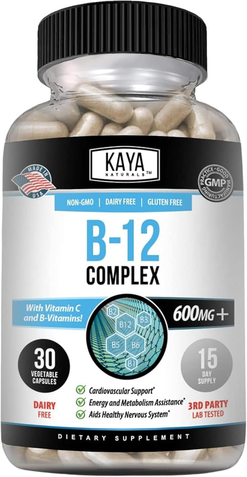 Kaya Naturals B-12 Complex, Multivitamin Supplement for Energy & Metabolism, 30 Capsules