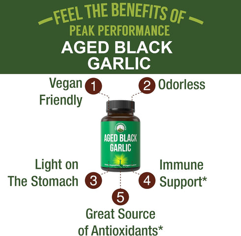Peak Performance Aged Black Garlic Capsules - Raw Vegan Pure Odorless Extract Supplement for Cholesterol Support