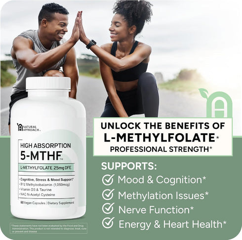 L-Methylfolate 15mg plus Methyl B12, D3, Taurine & NAC, Professional Strength Active 5-MTHF Supplement, 60 Capsules