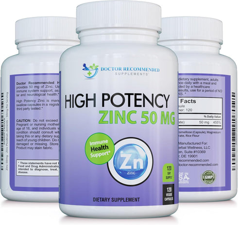 Zinc 50mg Picolinate Supplement | 120 Veggie Capsules for Adults and Kids | Well-Absorbed High Potency Pure Zinc - 50mg