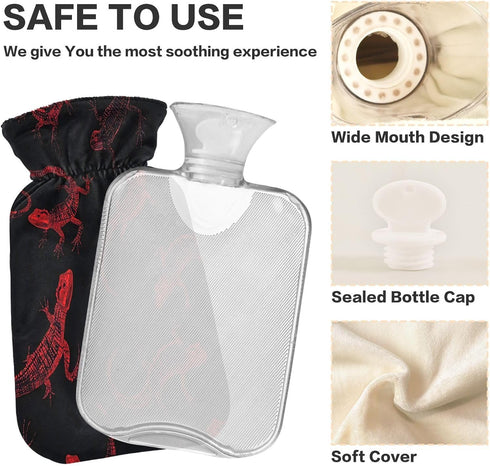 miaozhen 2L Black and Red Halloween Evil Geckoes Cute hot Water Bottle with Soft Cover hot Compress Bag for Arthritis