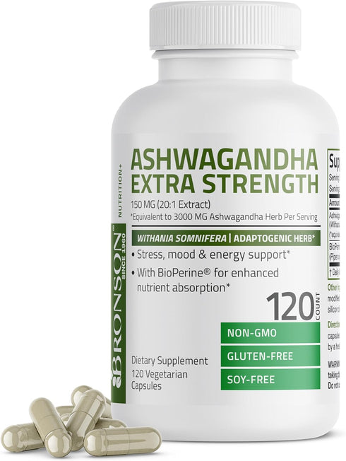 Bronson Ashwagandha Extra Strength Stress & Mood Support with BioPerine | 120 Vegetarian Capsules | Non-GMO