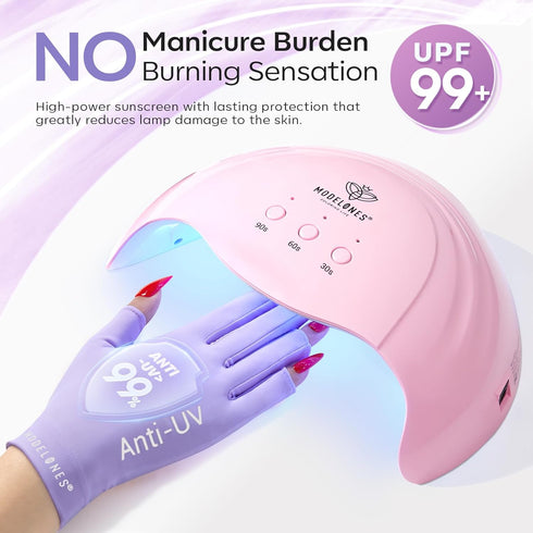 modelones UV Gloves for Gel Manicures, Premium UPF99+ Protection Gloves for UV/LED Nail Lamp, Purple