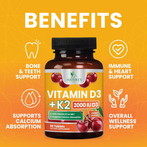 Vitamin D3 K2 2000 IU Plus with K2 (MK-7) 75 mcg - Vitamins D & K Complex Supplement for Bone, Teeth, Muscle Health