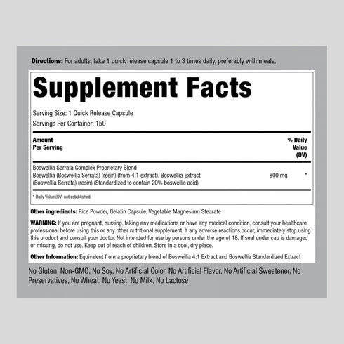 Piping Rock Boswellia Serrata Extract Capsules | 800mg | 150 Count | with Boswellic Acid | Non-GMO, Gluten Free Supplement