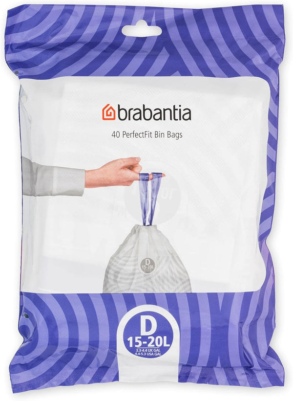 Brabantia PerfectFit Trash Bags, Size D/4.4-5.3 Gal, Thick Plastic Trash Can Liners with Drawstring Handles (40 Bags)