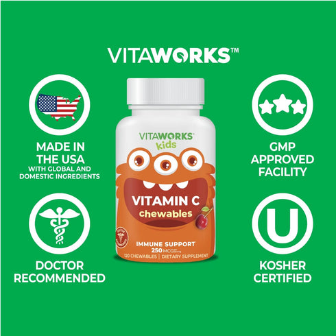 Kids Vitamin C Chewable Tablets 250mg - Vegan, Gluten Free, Nut Free - Tasty Natural Cherry Flavor - 120 Chewables