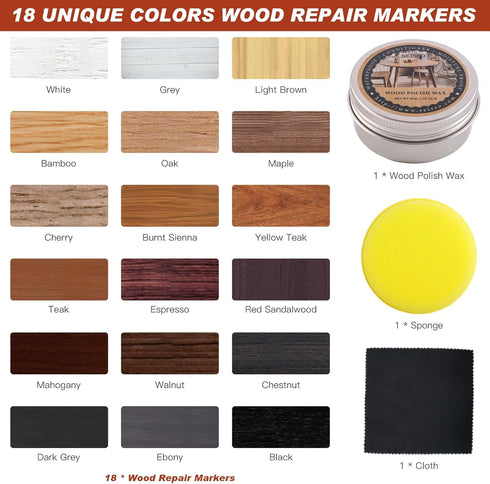 Furniture Repair Kit with 18 Colors Wood Repair Markers Set, Wood Polish Wax, Pens for Scratches, Stains, Tables,