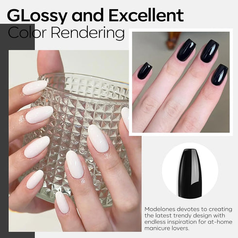 modelones Gel Nail Polish Set, 2 Pcs 15ml Pure Black and White Soak Off LED UV Gel Polish Kit for Women