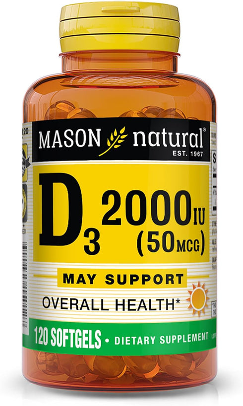 MASON NATURAL Vitamin D3, 2000 IU, Softgels, 120 Count