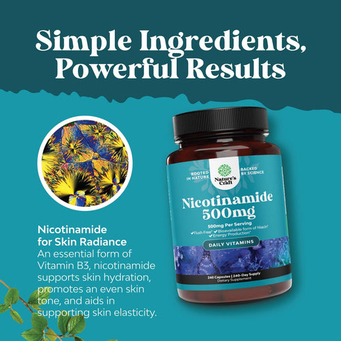 Vitamin B3 Niacinamide 500mg Capsules - Mitochondrial Energy & Skin Supplement, Flush Free, 240 Count