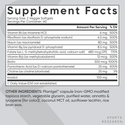 Sports Research Vitamin B-Complex - Full Spectrum of B Vitamins, Plant-Based Vegan-Friendly Formula, 120 Softgels