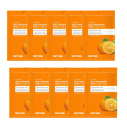 PS.PRETTYSKIN Jeju Tangerine Vitamin C Facial Mask Sheet (Pack of 10) with Panthenol, Adenosine, Niacinamide