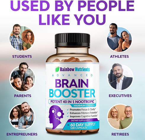 40-in-1 Brain Booster Supplements, Natural Nootropic Brain Support with DMAE, Bacopa Monnieri, 120 V Capsules