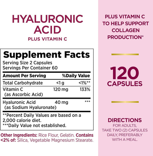 Nature's Bounty Optimal Solutions Hyaluronic Acid, Supports Glowing Skin and Immune function, with Vitamin C, 120 Capsules