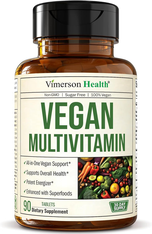Vegan Multivitamins for Women & Men, Daily Multimineral Supplements for Energy, Focus, 90 Tablets
