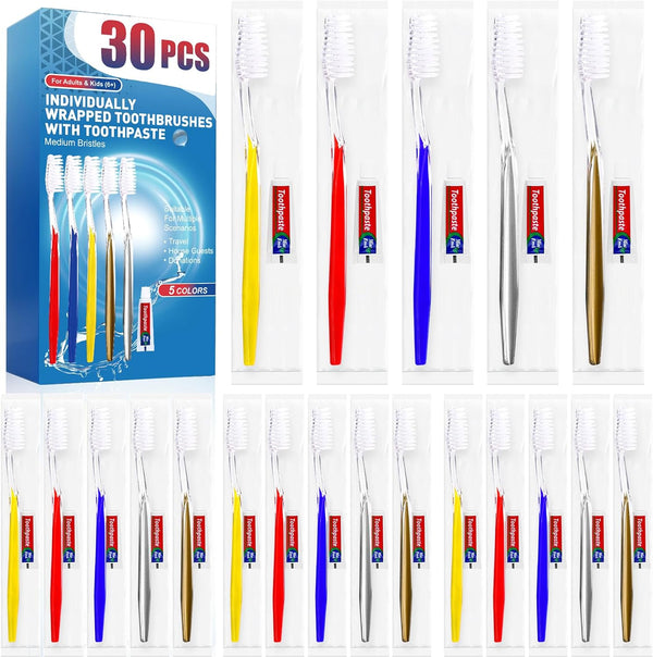 30 PCS Individually Wrapped Bulk Toothbrushes with Toothpastes, Colorful Manual Disposable for Adults or Kids