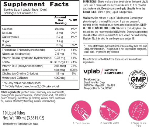 VPLab Ultra Women's Beauty Liquid Collagen - Biotin-Infused Multivitamin Complex with Peptides Type I & III Supplement for Skin, Hair & Nails - Drink Mix for Women Packed with Vitamin B Group,10