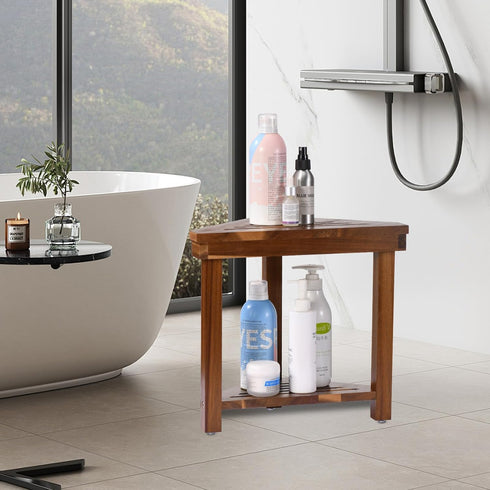 ANABIUP Shower Foot Rest Stool - Wood Waterproof Corner Shaving Stool with Storage Shelf for Small Bathroom Spaces