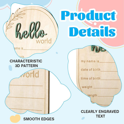 Thinp 5.9 Inch Baby Announcement Sign, Wooden Hello World Newborn Signs Birth Baby Name Plaques Birth Announcement Sign