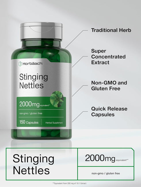 Horbaach Stinging Nettle Capsules, 2000mg, 150 Count, Herbal Leaf Extract Supplement, Non-GMO, Gluten Free