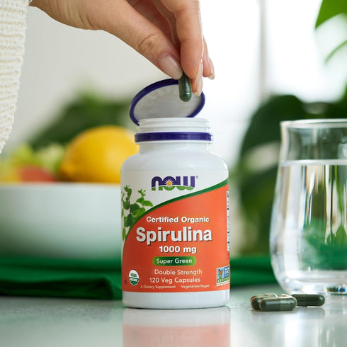 NOW Supplements Certified Organic Spirulina 1000 mg, Rich in Beta-Carotene and B-12, 120 Tablets