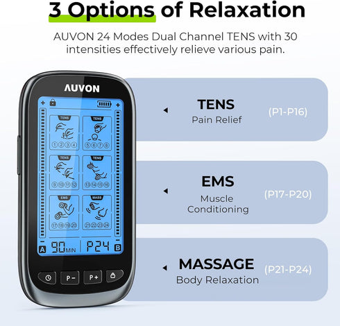 AUVON 3-in-1 TENS Unit Muscle Stimulator, Dual Channel Electronic Pulse Massager, 24 Modes for Pain Relief Therapy