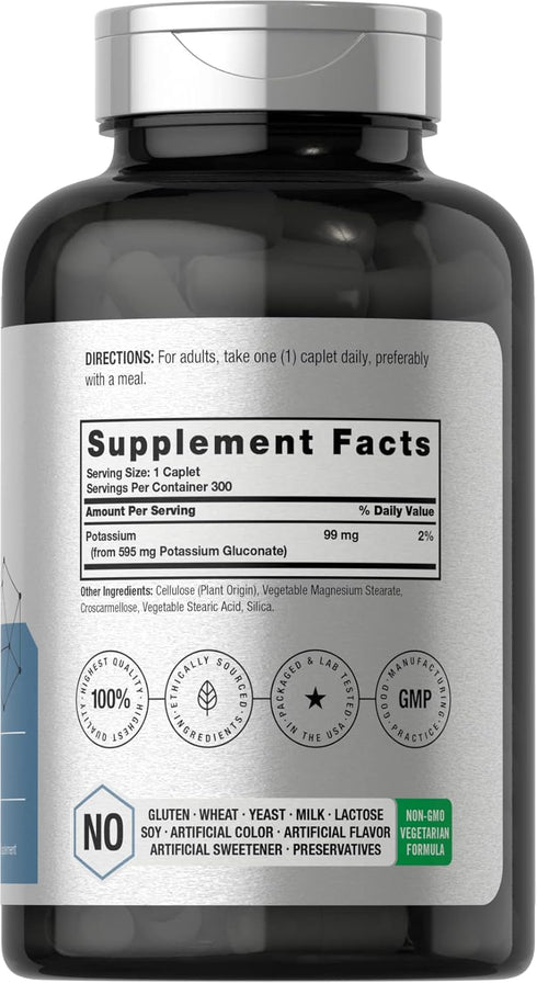 Horbaeach Chelated Potassium Gluconate Supplement 595mg | 300 Count | Vegetarian, Non-GMO, Gluten Free