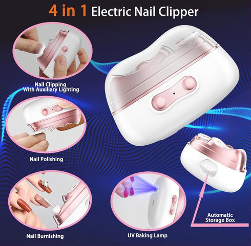 OUTMX 4-in-1 Trimmer Electric Nail Clipper with LED Light, Automatic Nail & Polisher, Two-Speed Quiet Operation