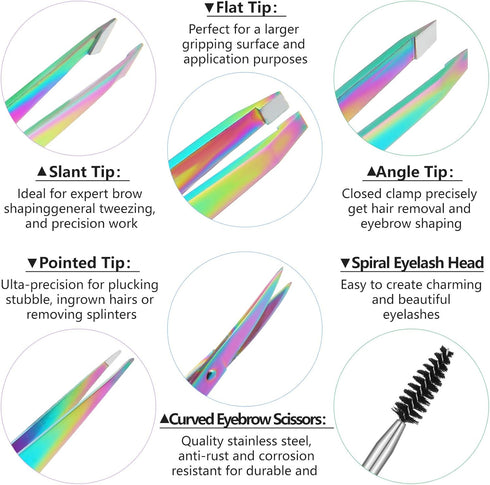 Honoson 6 Pcs Eyebrow Tweezers Set for Women, Precision Tweezers with Curved Scissors and Eyelash Brush, Rainbow Color