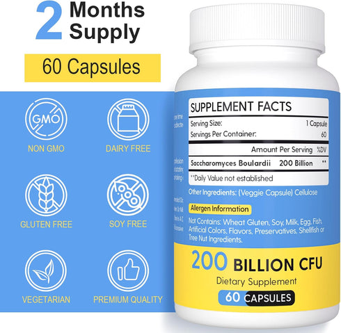 Saccharomyces Boulardii Probiotics 200 Billion CFUs, Clinically-Studied Probiotic for Women & Men Yeast for Intestinal, Gut, Immune & Digestive Health, Acid Resistant & Shelf-Stable, 60 Days Supply