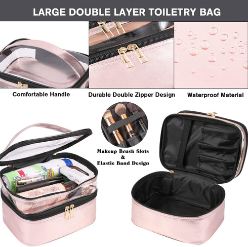 FITINI 3 Pieces Makeup Bags, Double Layer Travel Large Cosmetic Cases, Waterproof Small Zipper Pouch for Women