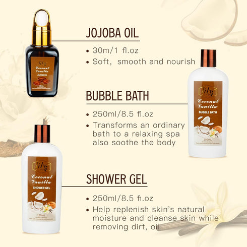 Spa Gift Tub Baskets Set for Women, Coconut Vanilla Bath and Body Sets