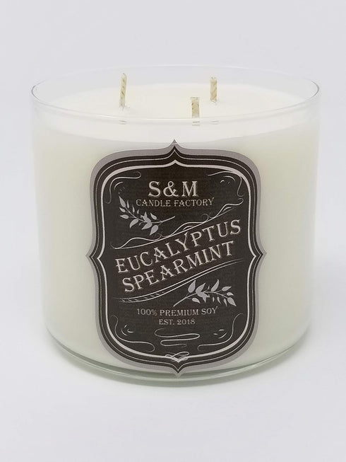 S&M Candle Factory 3 80 Eucalyptus Spearmint Candle - Large Wick - Up to Hour Burn Time - Aromatherapy - Stress Relief
