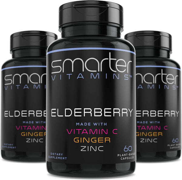 Smarter Elderberry Capsules - 180 Vegan Pills (3 Pack) - Vitamin C, Ginger & Zinc for Immune Support, Powerful
