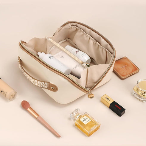 Large Capacity Waterproof PU Leather Cosmetic Bag for Women, Open Flat Makeup Organizer with Clear Divider and Handle