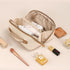 Large Capacity Waterproof PU Leather Cosmetic Bag for Women, Open Flat Makeup Organizer with Clear Divider and Handle