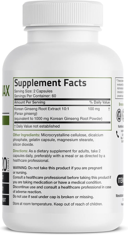 Bronson Korean Panax Ginseng Supports Energy, Endurance & Vitality + Memory and Mental Performance, 120 Capsules
